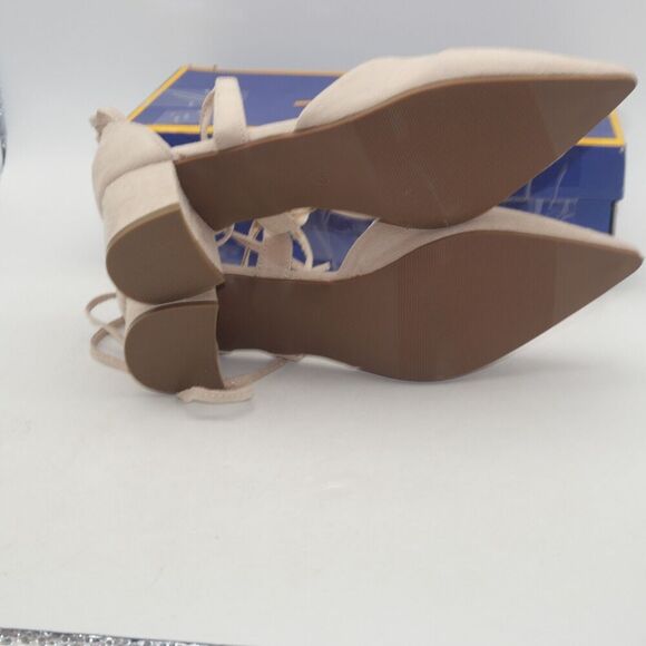 NEW Heel The World Women's 9 Nude Tan Beige Strappy Lace Up Chunky Heels - Picture 10 of 11